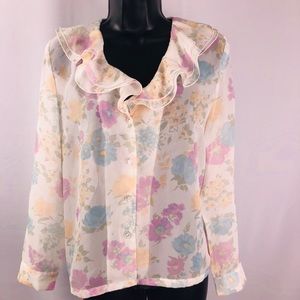 Ruffled collar soft flower print sheer blouse